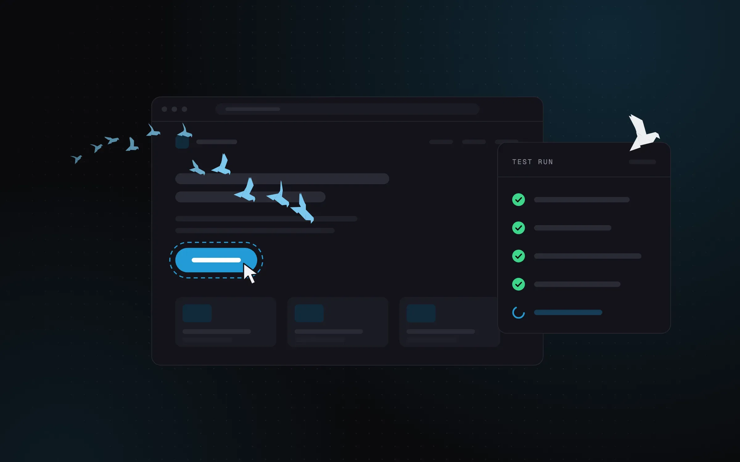 Illustration: a flock of birds homes in on a button in a browser window while a test-run panel shows passing checks.
