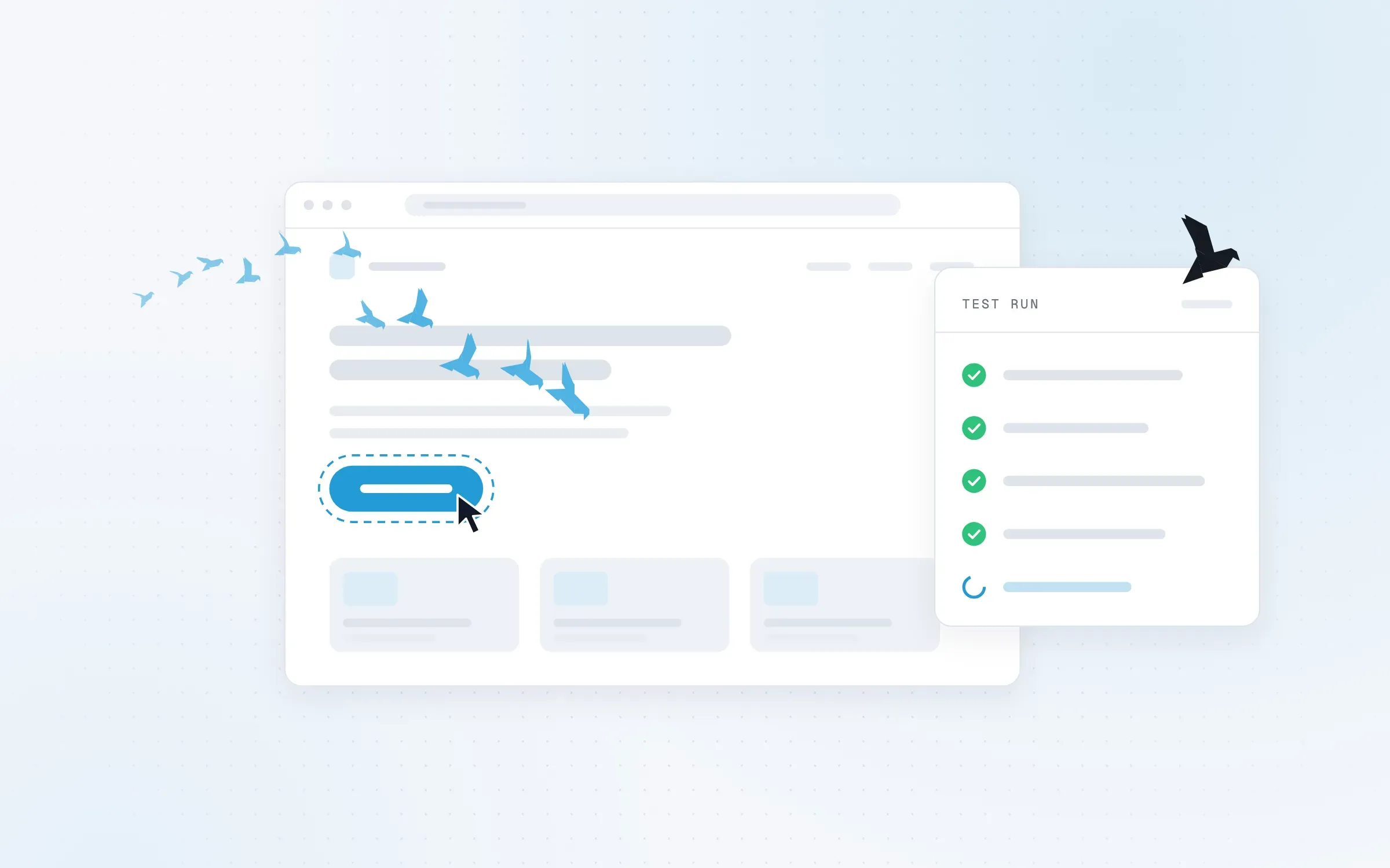 Illustration: a flock of birds homes in on a button in a browser window while a test-run panel shows passing checks.