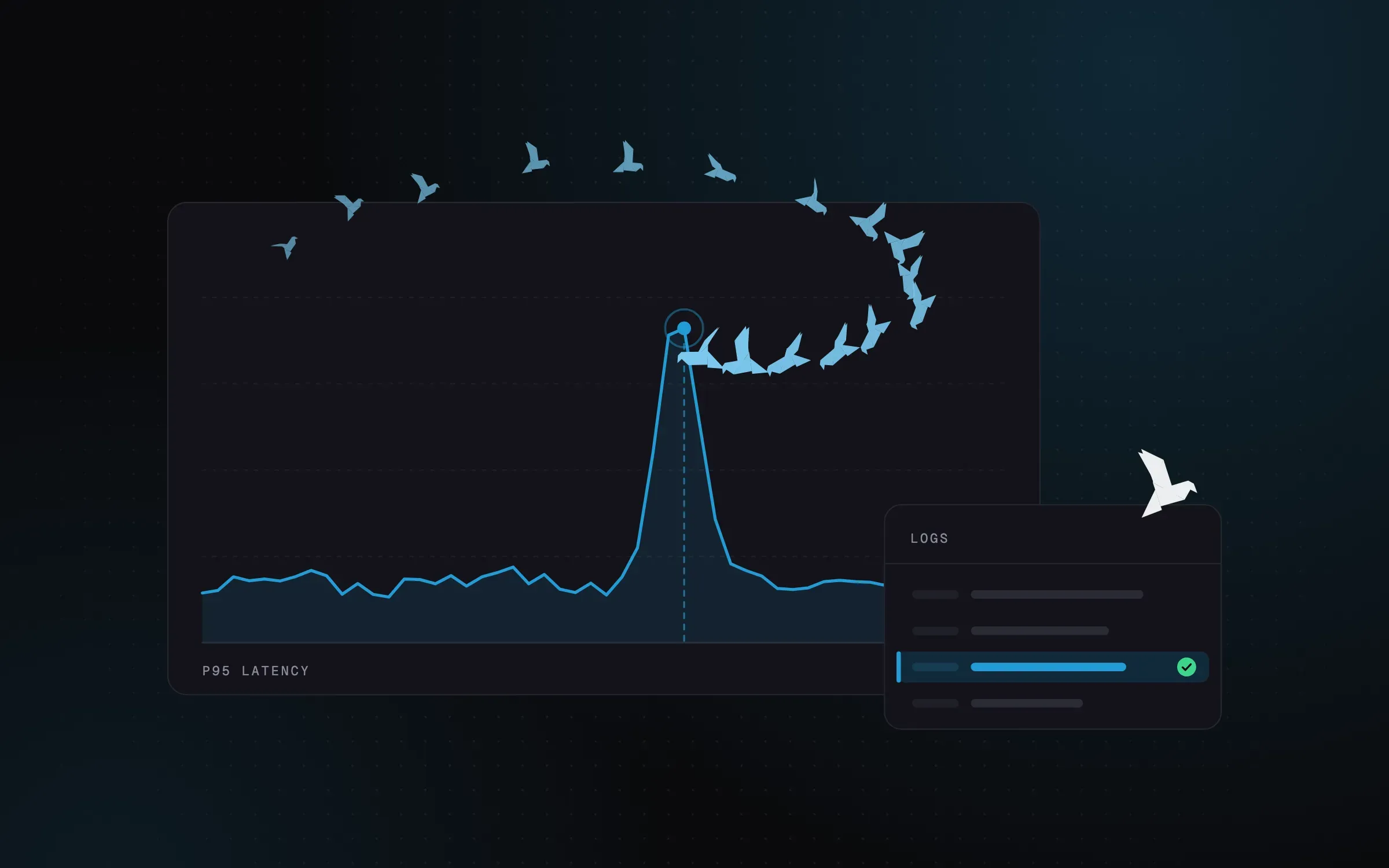 Illustration: a flock of birds spirals in on a spike in a latency chart, next to a log panel with the cause highlighted.