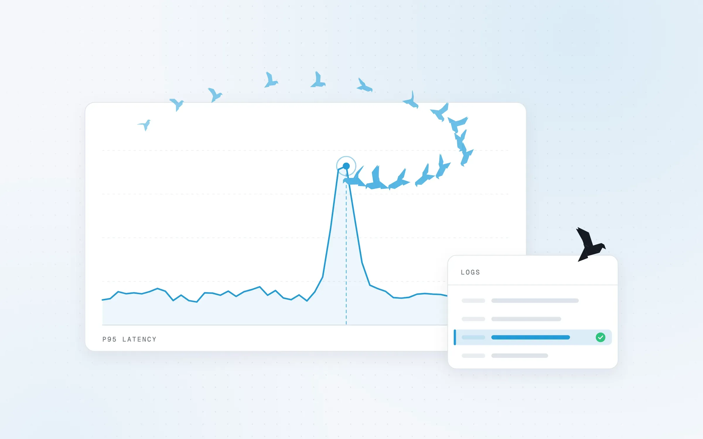 Illustration: a flock of birds spirals in on a spike in a latency chart, next to a log panel with the cause highlighted.