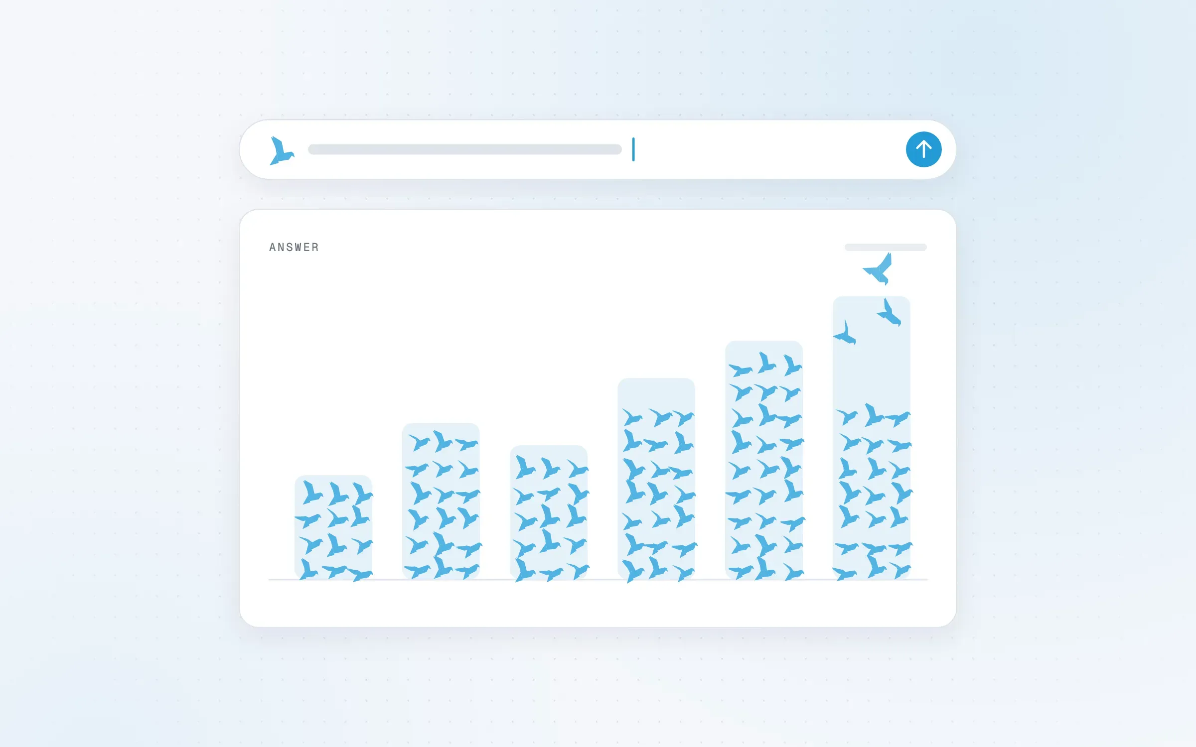 Illustration: a plain-language question above a bar chart whose bars are formed by flocks of birds.