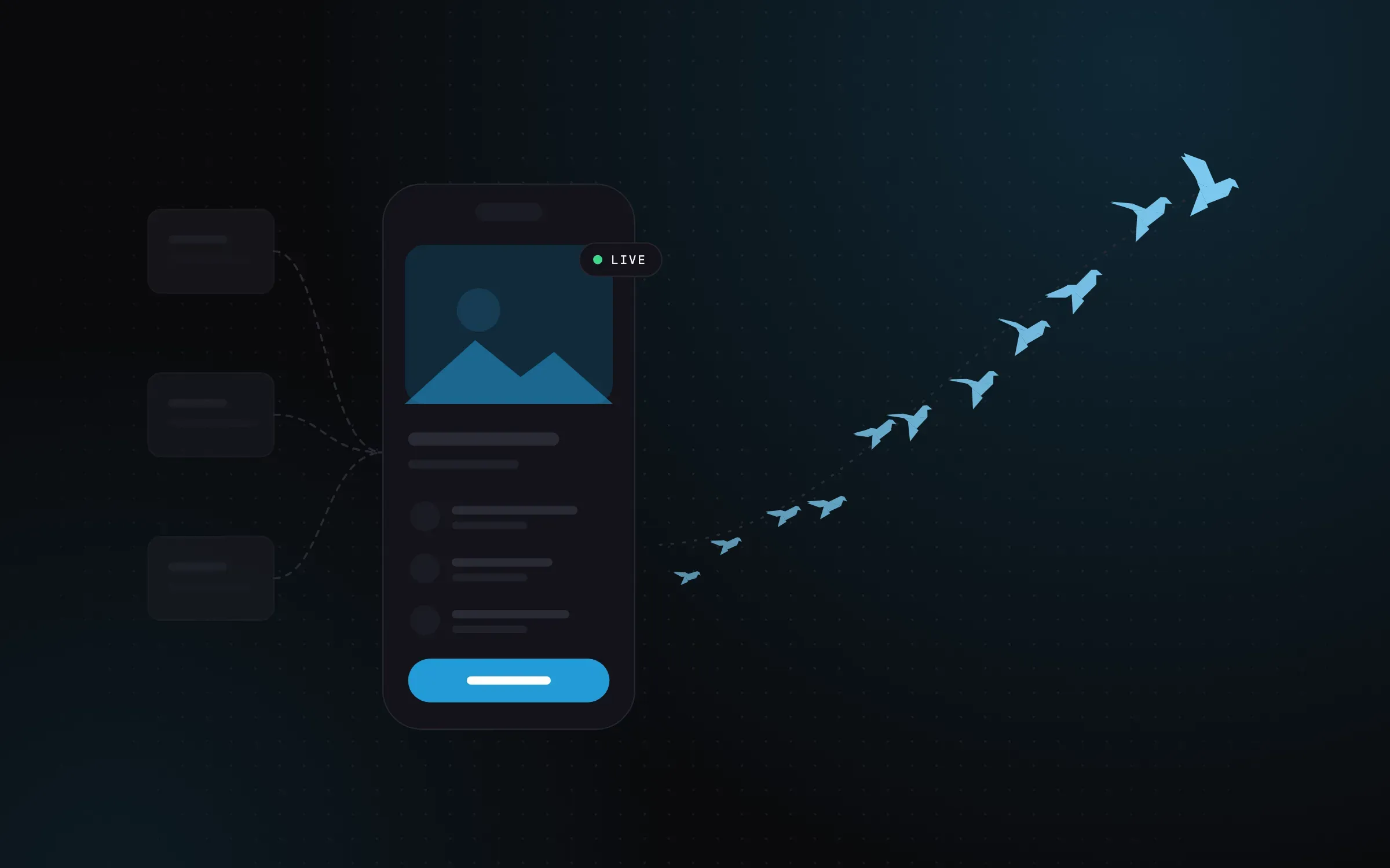 Illustration: three retired tools feed into a live mobile app, and a flock of birds takes off from it.