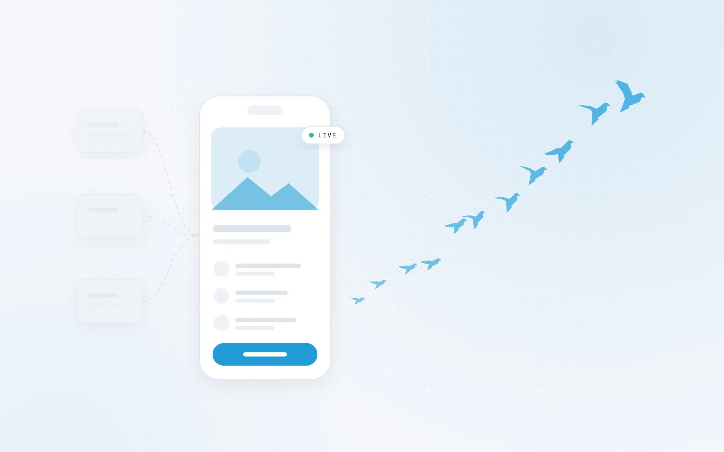 Illustration: three retired tools feed into a live mobile app, and a flock of birds takes off from it.