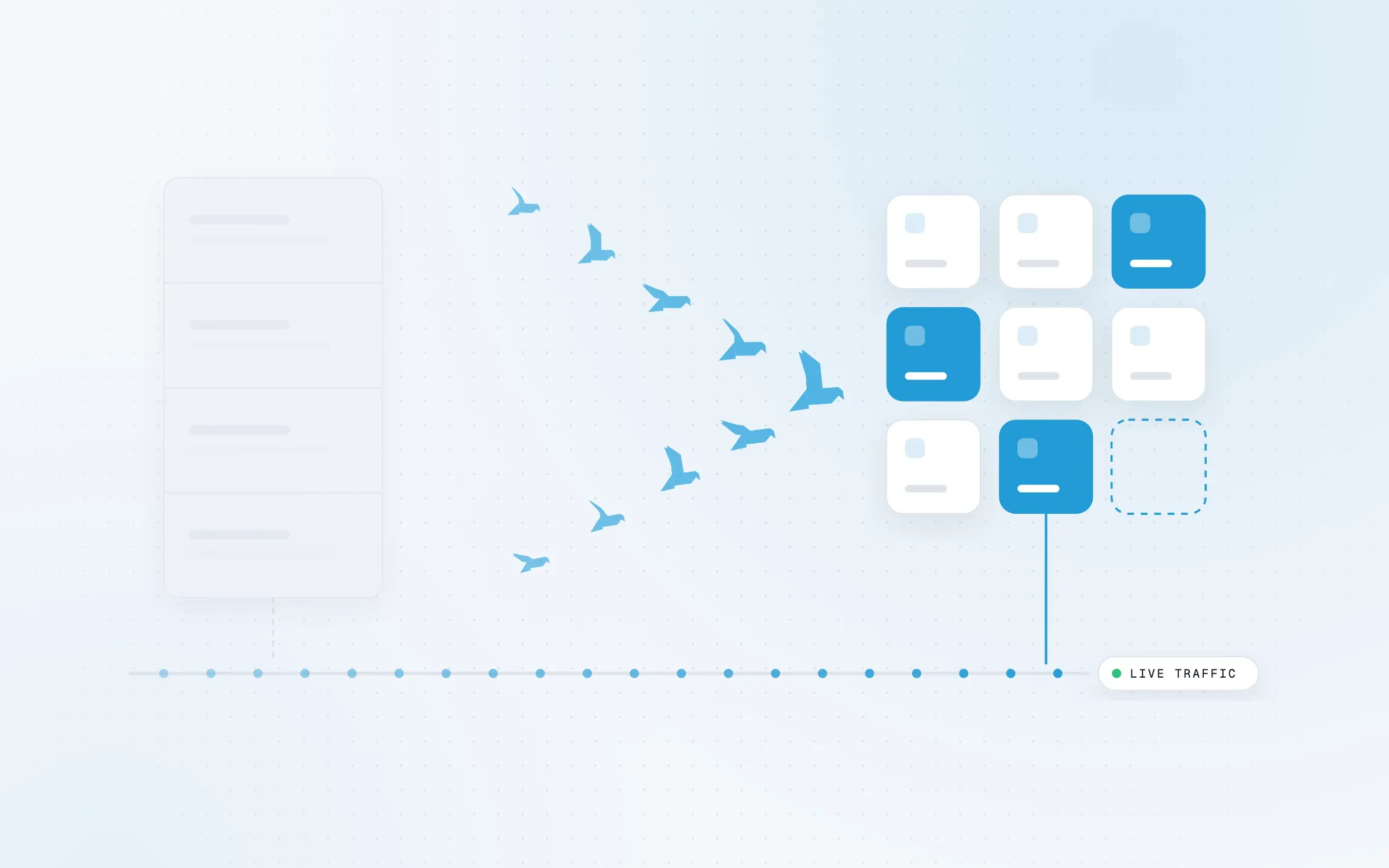 Illustration: a V-formation of birds migrates from a legacy monolith to a grid of services, above uninterrupted live traffic.
