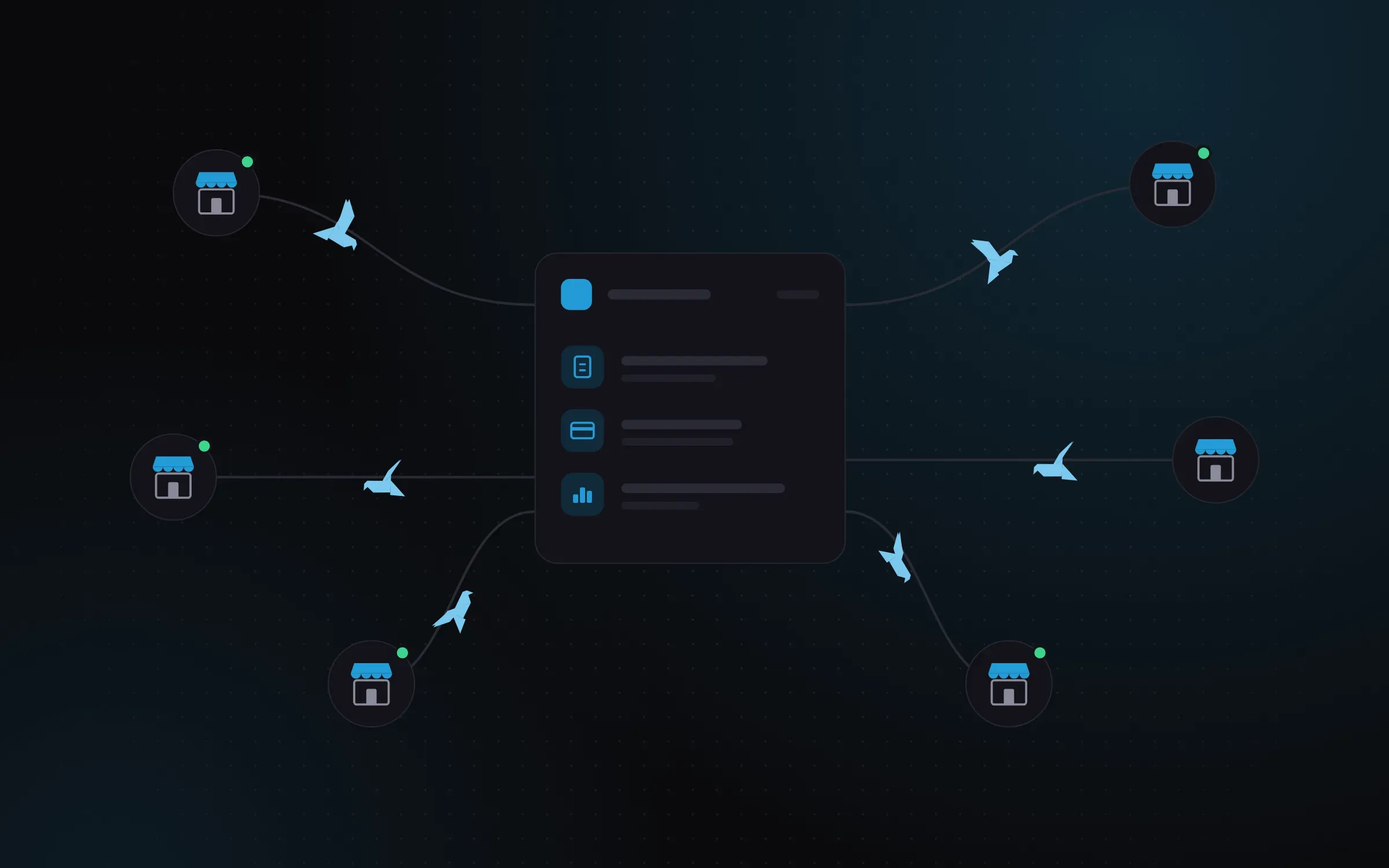 Illustration: storefronts connected to one central platform for orders, payments and operations, with birds flying between them.