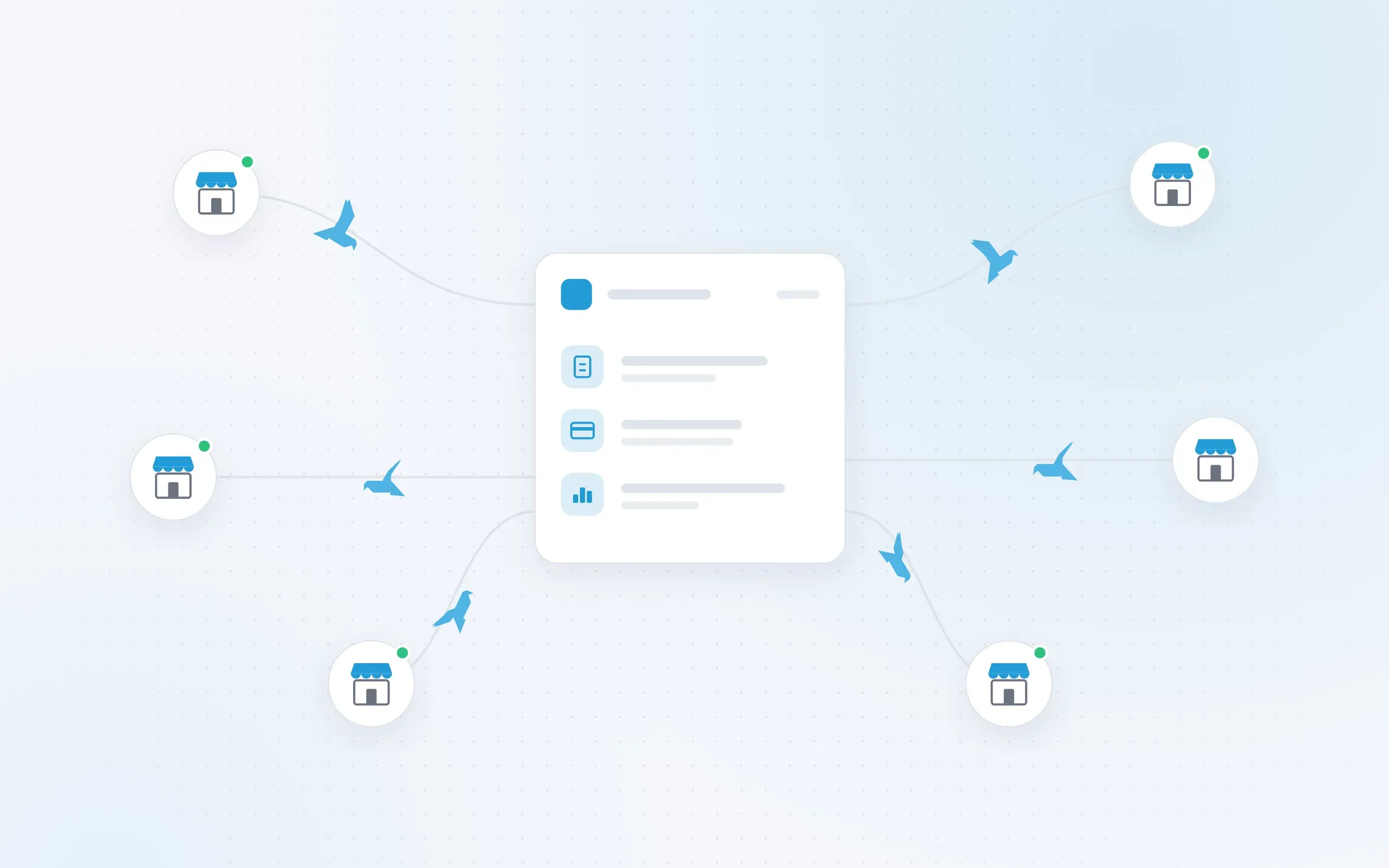 Illustration: storefronts connected to one central platform for orders, payments and operations, with birds flying between them.