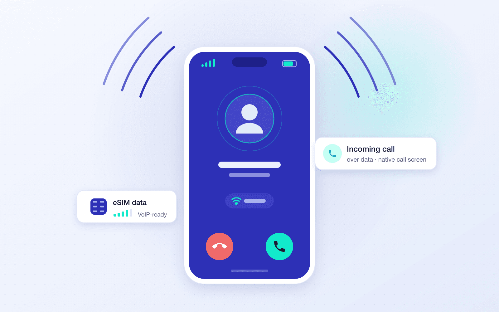 Illustration: a phone receiving a call over mobile data, with signal arcs